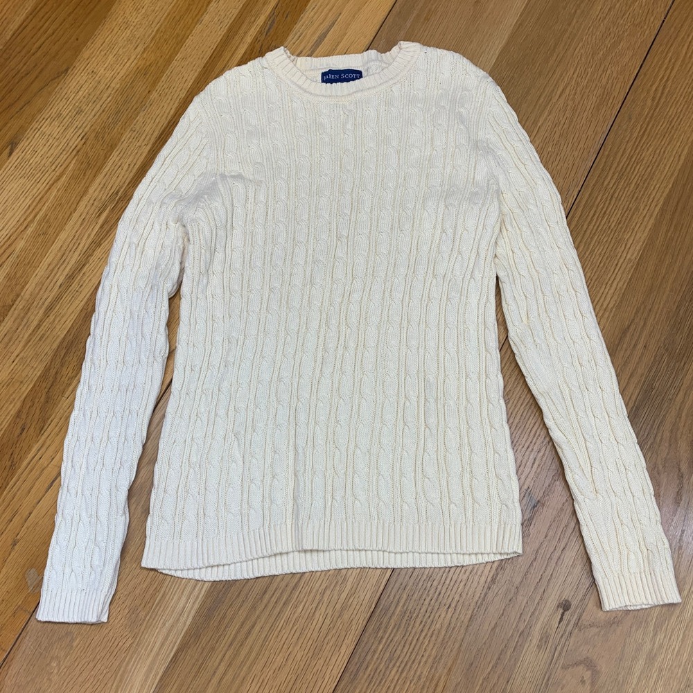 Karen Scott Womens Cream Cable Knit Long Sleeve Crew Neck Sweater Size Medium